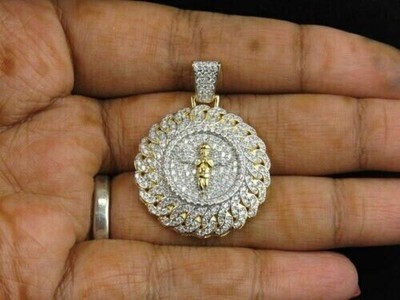 14K Yellow Gold Finish Cuban Link Angle Wing Charm Pendant 3Ct Lab Created