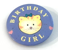 Vintage Birthday Girl Button Purple Cat Kitten Button Pin Pinback