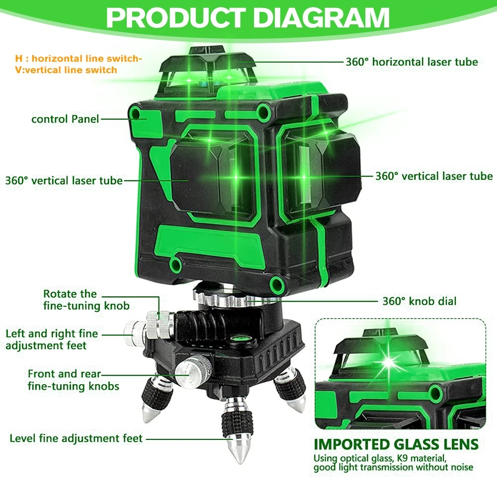 Laser Level 360°4D 12 Lines Laser Self Leveling Cross Measure Tool Kit Green US