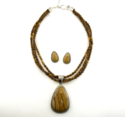 #ad Jay King Necklace Earrings Pendant Set Jasper Sterling Silver Beaded Brown 925 $87.00