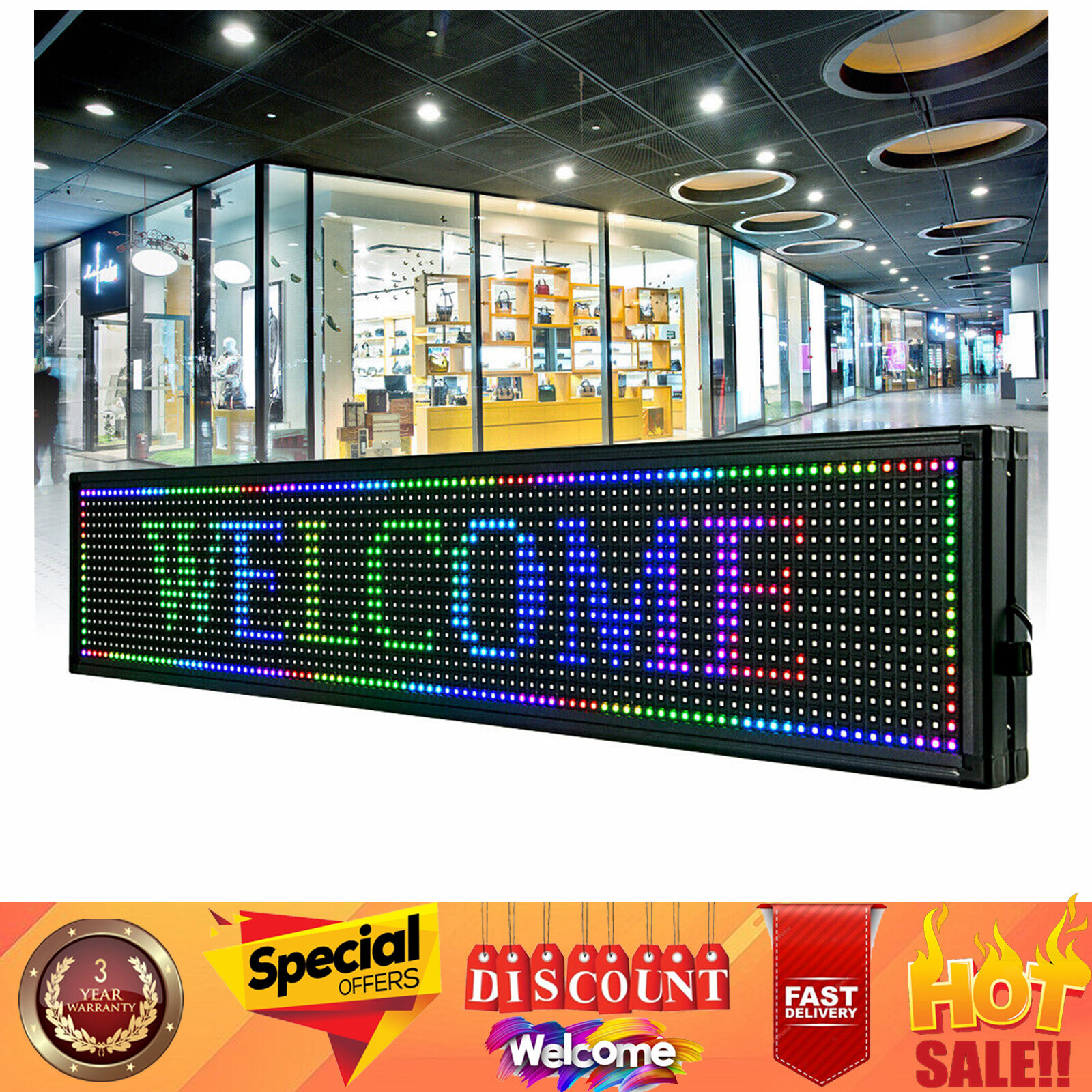 40"X8" LED Scrolling Sign RGB 7-Color Programble Outdoor Advertising Board wifi