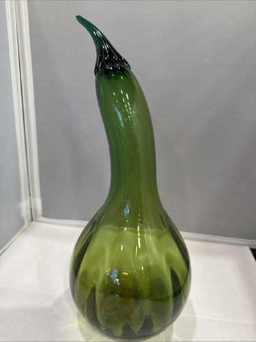 Blenko 9354 Gourd Squash Optic Green Glass Sculpted Handmade 90s