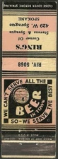 early TAVERN matchcover ~ RING’S ~ located in SPOKANE, WA washington
