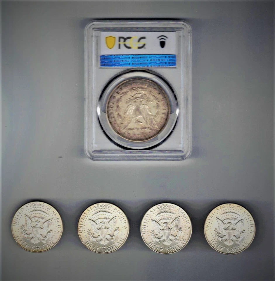 MORGAN SILVER DOLLAR, 1878 7TF, PCGS VF35, PLUS 4 64 SILVER 1/2 DOLLARS UNC. - Image 2 of 4