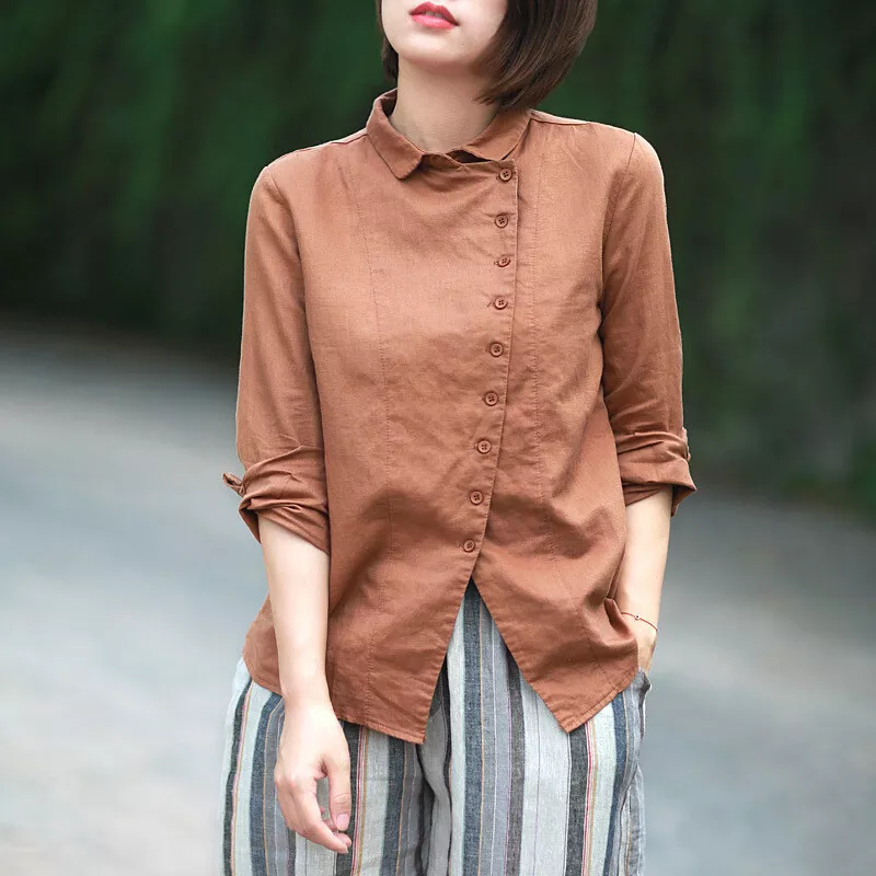 Lady Cotton Linen Shirt Tops Asymmetry Button Long Sleeve Blouse Retro  Casual