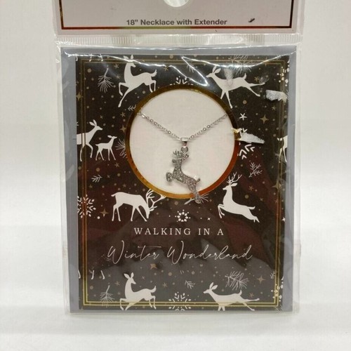 Happy Holidays Card Pave Rhinestone Reindeer 18" Necklace Silver Tone Christmas - Picture 6 of 6