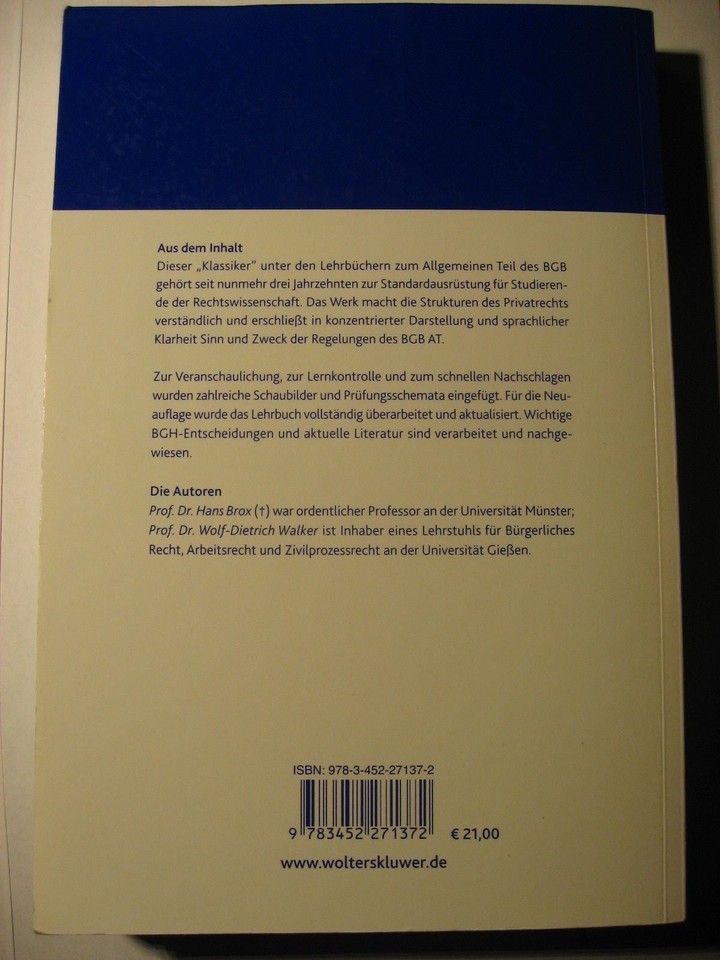Brox Walker Allgemeiner Teil Des Bgb Allgemeiner Teil des BGB von Hans Brox, Wolf-Dietrich Walker, 33