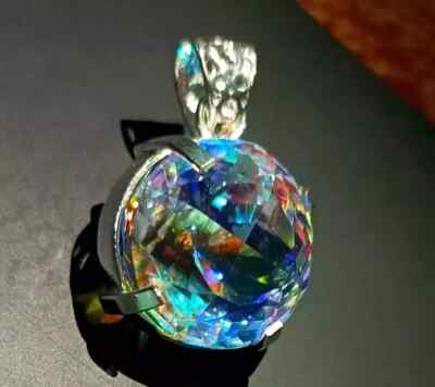 Round Cut 90 Ct+ Natural Mystic Topaz 925 Solid Silver Rainbow Pendant Gemstone