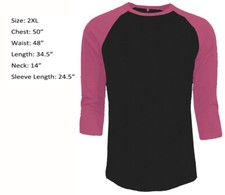 3/4 Sleeve Plain T-Shirt Baseball Raglan Jersey Sports Men's Tee Black Pink 2XL