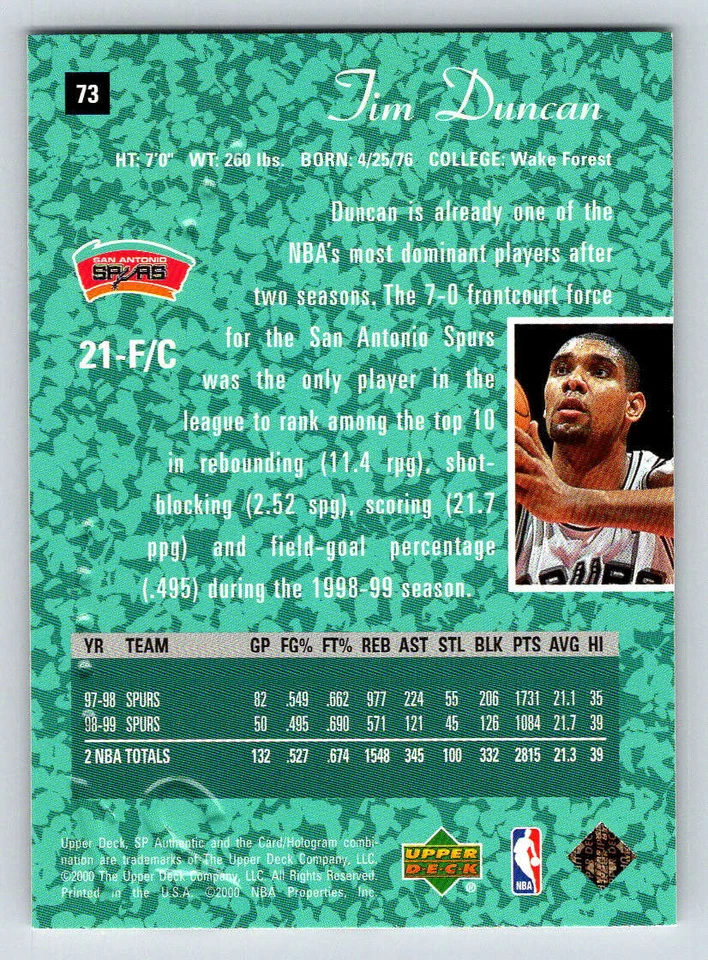 1999-00 SP Authentic #73 Tim Duncan (ref 193237) - Image 2 of 2