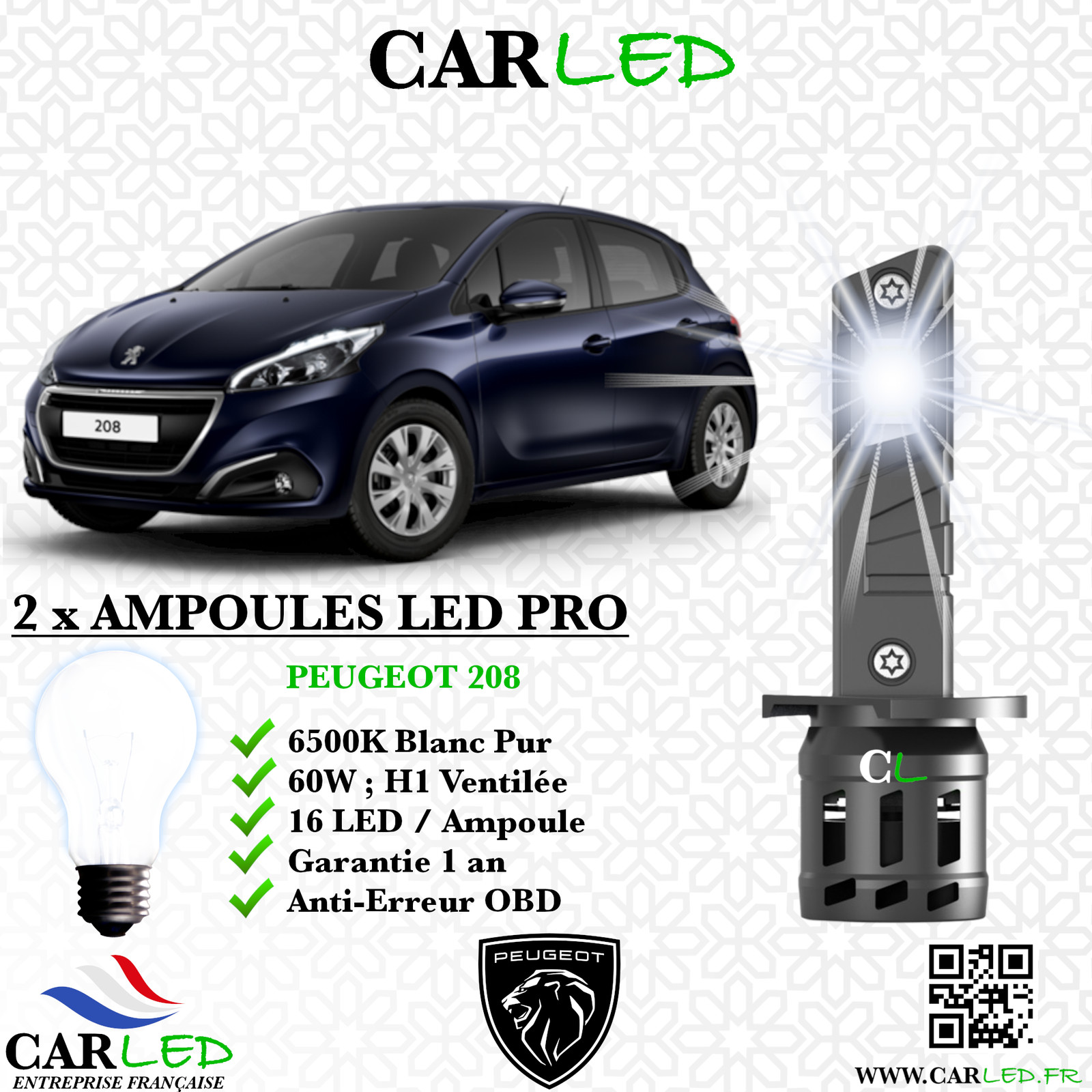Kit ampoule LED Peugeot 208 remplace halogène jaune usé