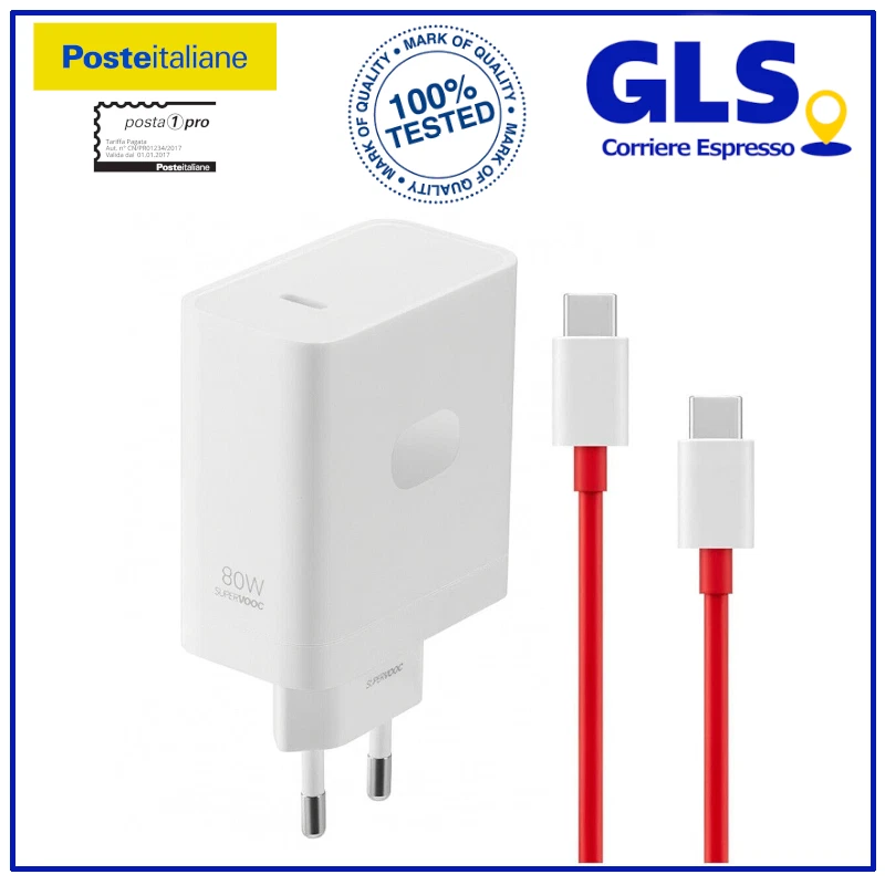 CARICABATTERIA RAPIDO da 80W ORIGINALE ONEPLUS SUPERVOOC +CAVO TYPE C / C ROSSO - Immagine 3 di 4