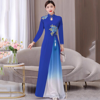 Ladies Embroidered Gradient Color Cheongsam Dance Dress Fringe Long Sleeve  Prom | eBay