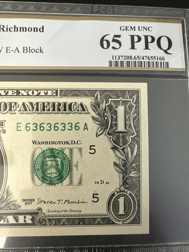 RARE - BINARY - RADAR in QUAD - REPEATER 2017 $1 Dollar Bill E 63 63 63 36 A - Picture 9 of 19