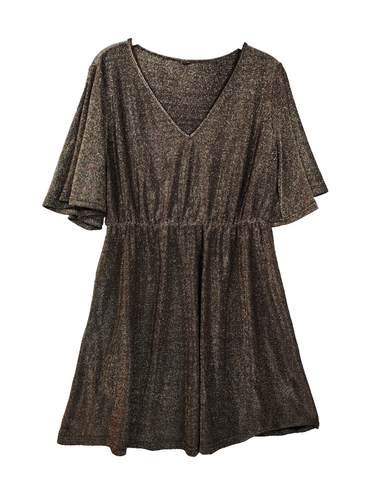 Womens Size M Gold Metallic Shimmer V Neck Short Flutter Sleeve Skater Dress