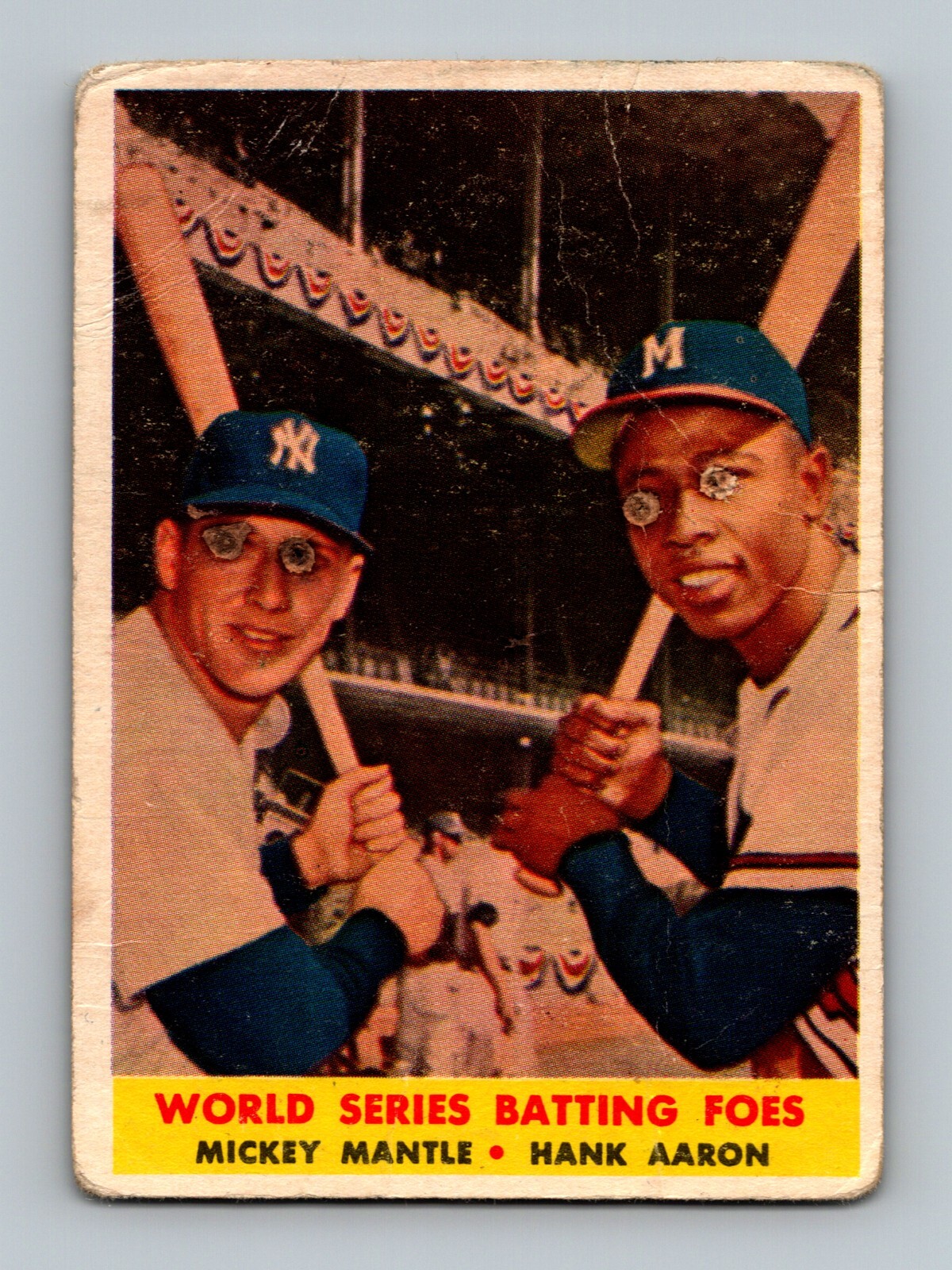 1958 Topps 418 Batting Foes LOW GRADE Baseball Card Mickey Mantle
