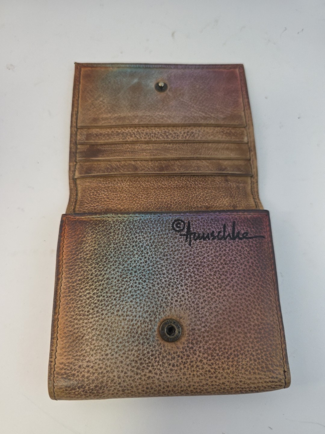 Anuschka Leather Tri-Fold Wallet Hand Painted Southwestern Tribal Colorful image 4