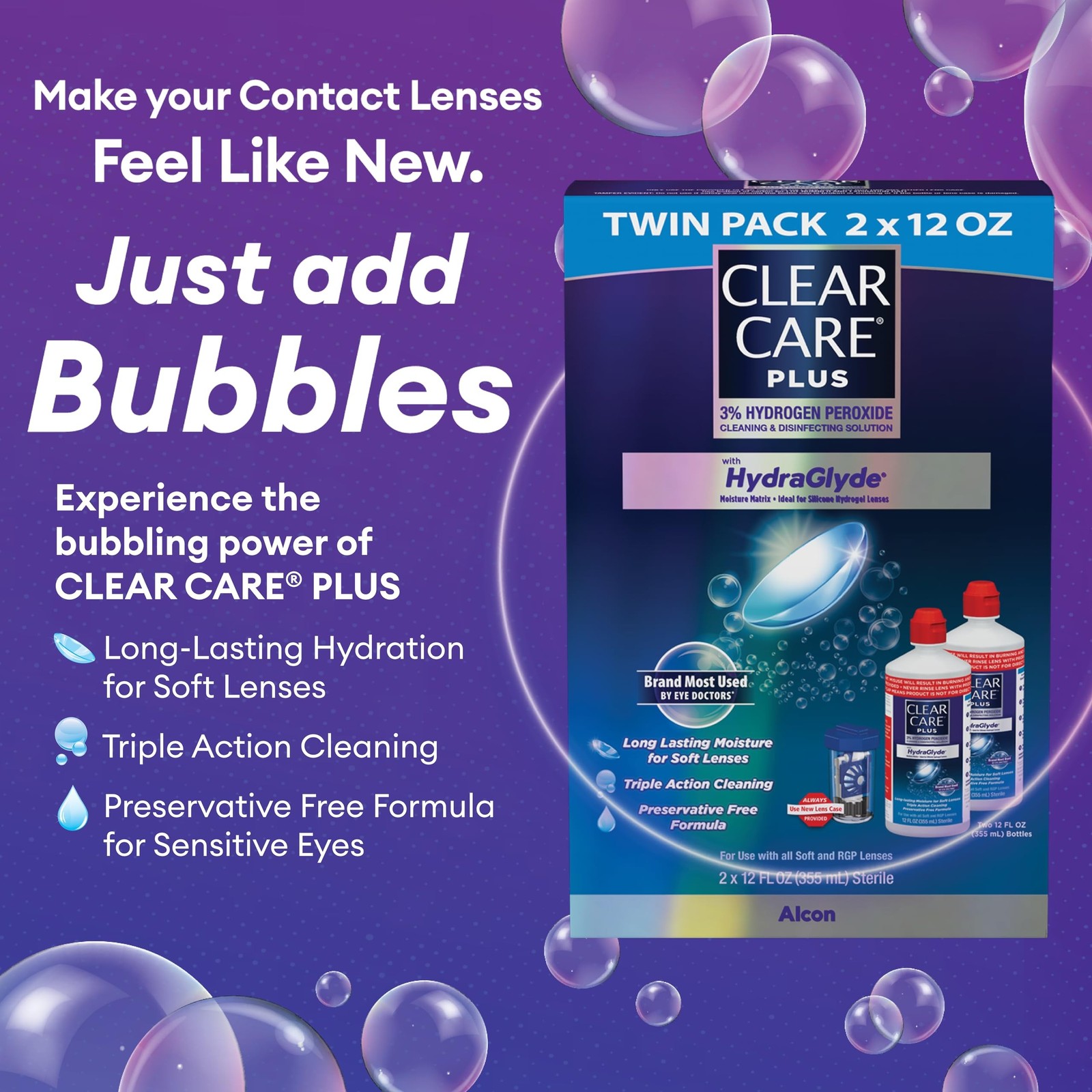 Clear Care Plus Cleaning Solution with Lens Case, Twin Pack, Multi, 12 Oz, Pa...