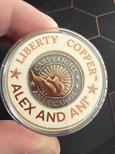 Alex and Ani Liberty Copper Carry Light Medallion, Coin, .925 Silver 14k Gold