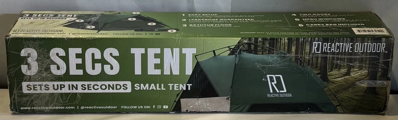 REACTIVE OUTDOOR 3ST-S-DL SMALL-SIZED 3 SECS TENT DL GREEN EASY SET UP TENT
Opens in a new window or