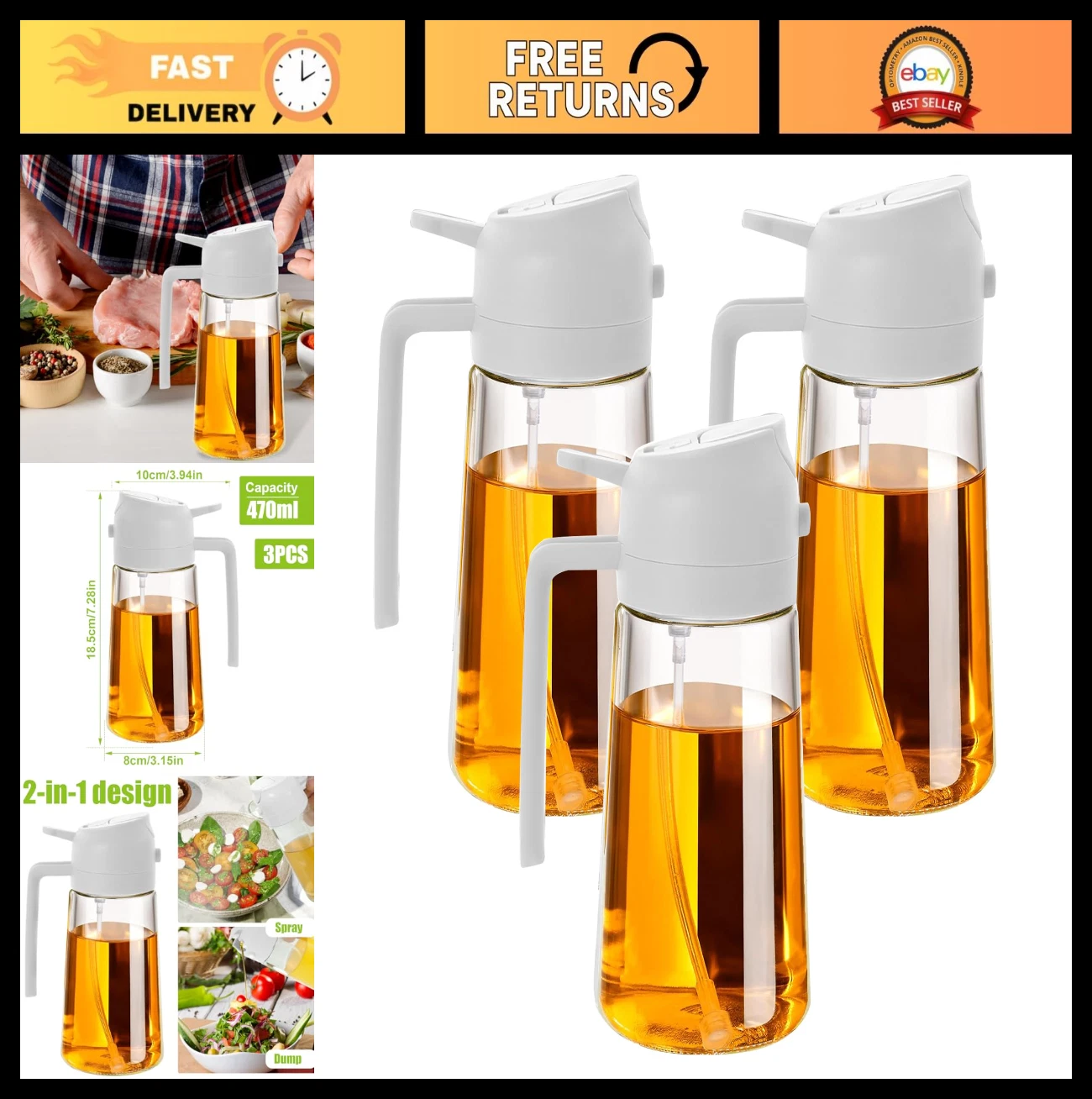 3 Pack 16oz Olive Oil Dispenser Bottles - Clear Glass Spray & Refillable Contain