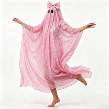 Sequin Ghost Costume with Bow, Cute Funny Halloween Spirit Cloak Robe for Adult