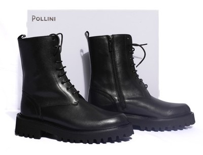 Damen  Boots Schnürer Stiefeletten von POLLINI Italien Leder Schwarz  Gr.40