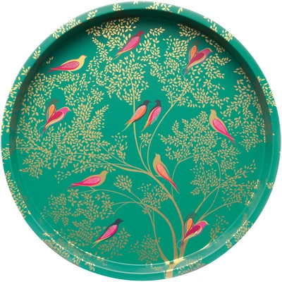 Sara Miller Serving Tray Green Birds Deepwell Round 31cm