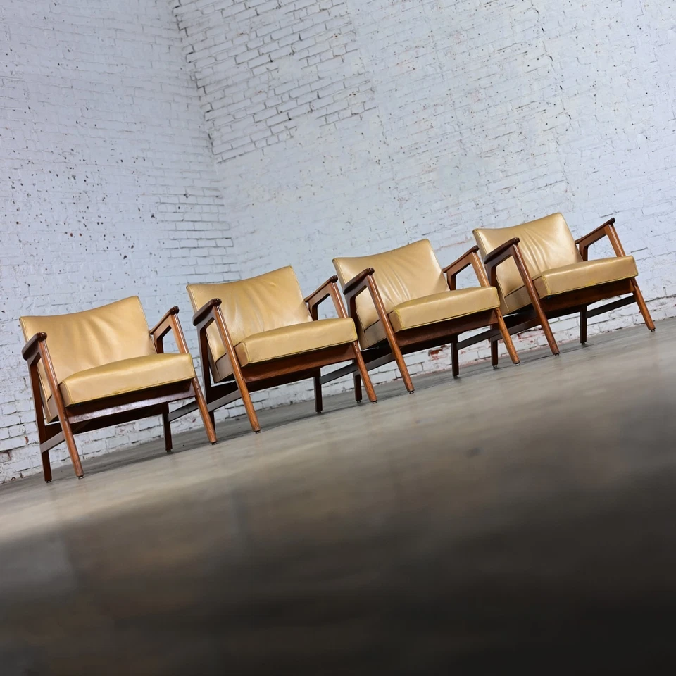 Set of 4 Mid Century Modern Gunlocke Armchairs Gold Leather with Walnut Frames - Image 4 of 4