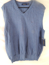 Men s Club Room Sweater Vest, Blue 100 Cotton, V-neck, Size L