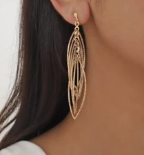 Clip On Hoop Earrings Drop Dangle Gold Tone Intertwined Round Chunky Earrings 3"