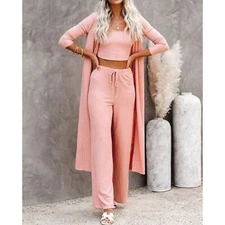 Duster Maxi Cardigan Women's XL Long Pink Ribbed Knit Stretch Open Front Casual
