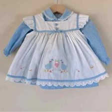 VTG Baby Pinafore Apron Dress with Embroidered Geese Lace Hearts Goose Peter Pan