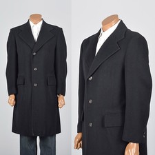 Medium 1960s Black Cashmere Winter Coat VTG Convertible Flap Pockets Wide Lapels
