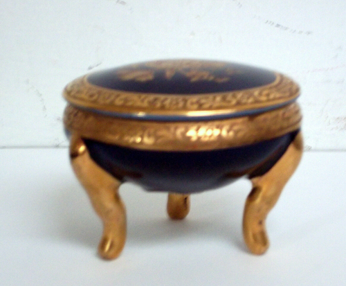 Vintage Limoges Cobalt Blue w Gold w Roses 3-Leg Covered Pin Dish - Estate Find!