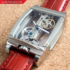 Mens Manual Mechanical Watch - Chrome Silver Bridge Red Leather Deployant Buckle