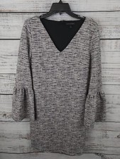 Banana Republic Small Black White Gray Tweed V Neck Bell Sleeve Shift Dress
