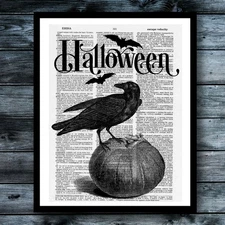 Art Print Halloween Raven Vintage Dictionary Art Wall Decor