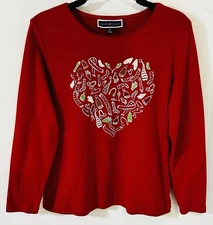 Karen Scott PETITE L Holiday Top Christmas Heart Red Long Sleeve 100% Cotton EUC