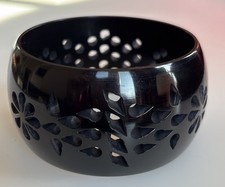 Vintage Black Plastic Resin Bangle Bracelet Flower Cutouts