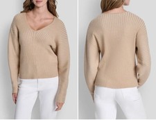 DKNY Transfer Rib V-Neck Sweater Taupe Large NWT