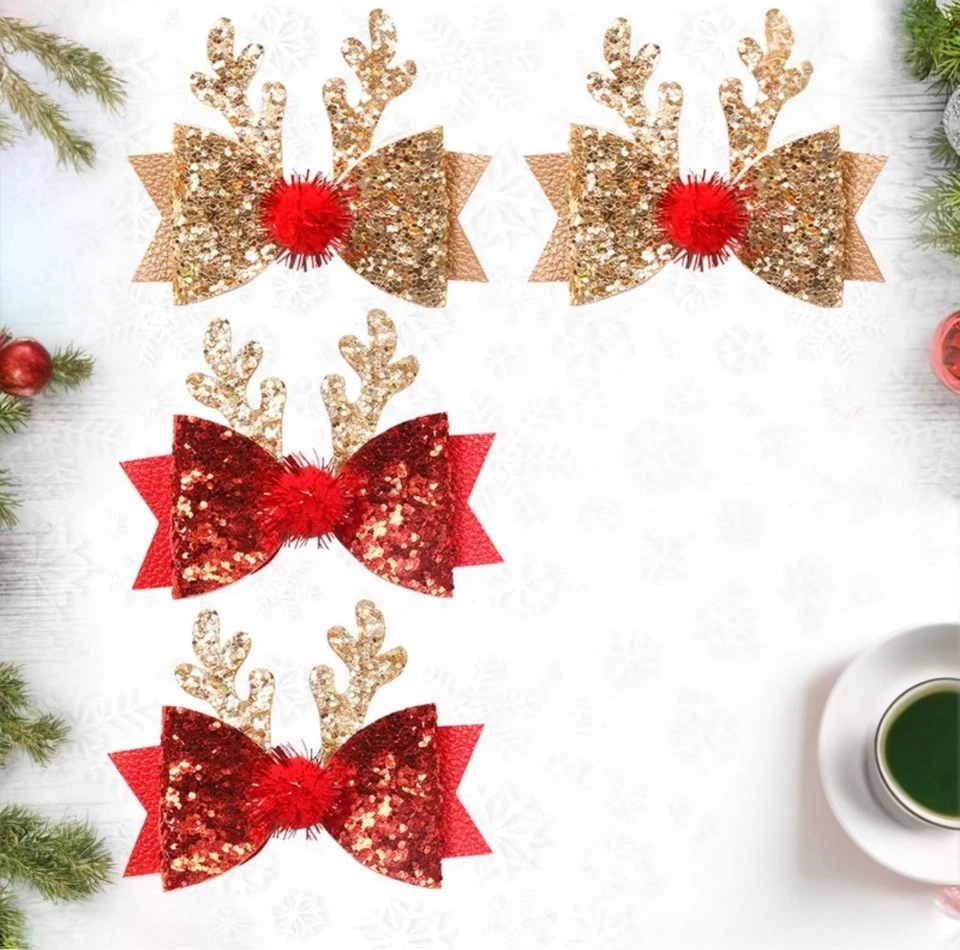 4PCS Christmas Glitter Reindeer Hair Bows – Red & Gold Holiday Hair Clips – Kids - Image 4 of 4