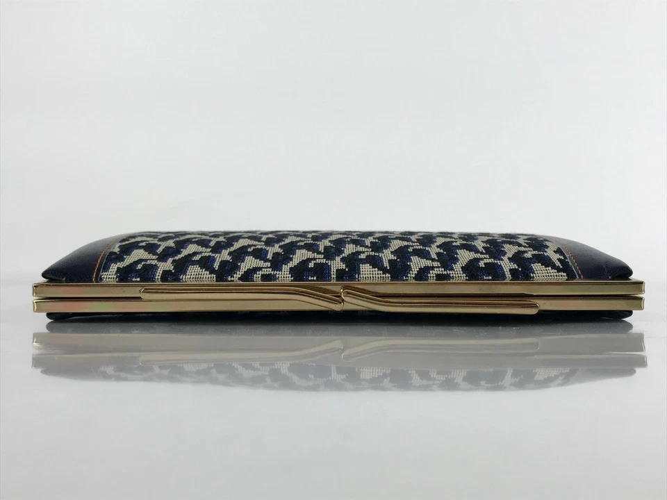 Cartera sin asas japonesa de tela tejida plisada de colección cierre Gamaguchi azul beige KB84 Foto 4 de 4