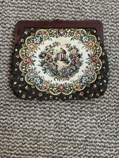 Vintage Tapestry Clutch Bag With Gazebo Print Kisslock Brown