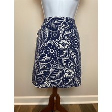 Talbots Blue Canvas Floral Skirt Fully Lined With Pockets Size 8 Button Detail
