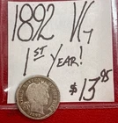 1892 Barber Silver Dime (VG) Very Good Condition! “First Year Issue” ENN Coins