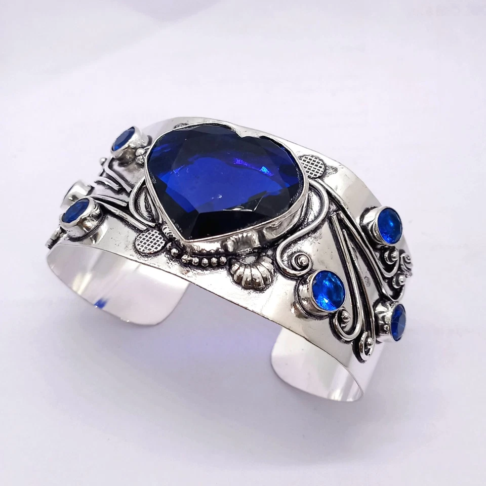 925 Sterling Silver Heart Shape Blue Tanzanite Gemstone Jewelry Cuff Bracelet - Image 2 of 3