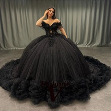 Off Shoulder Black Beaded Tassel Tulle Quinceanera Dress Custom Made Ball Gown