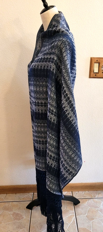 Traditional Mexican Rebozo| Blue Handcrafted Shawl with Fringe |Geometric | Wrap - Image 2 of 3