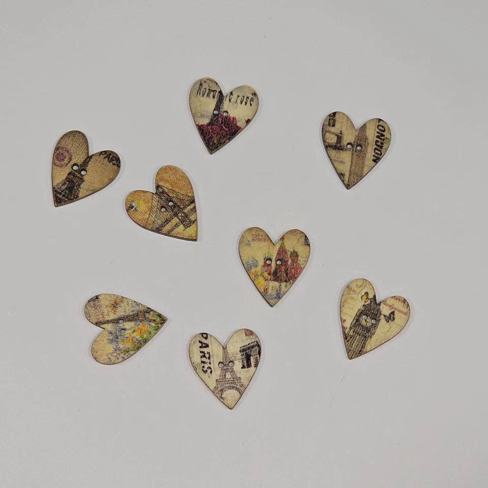 8 Wooden Heart Shaped Buttons Paris France Romantic Eiffel Tower Floral Craft - Image 3 of 3